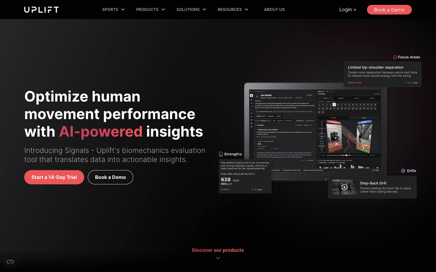 Uplift homepage for AI 3D motion capture and sports performance coaching.