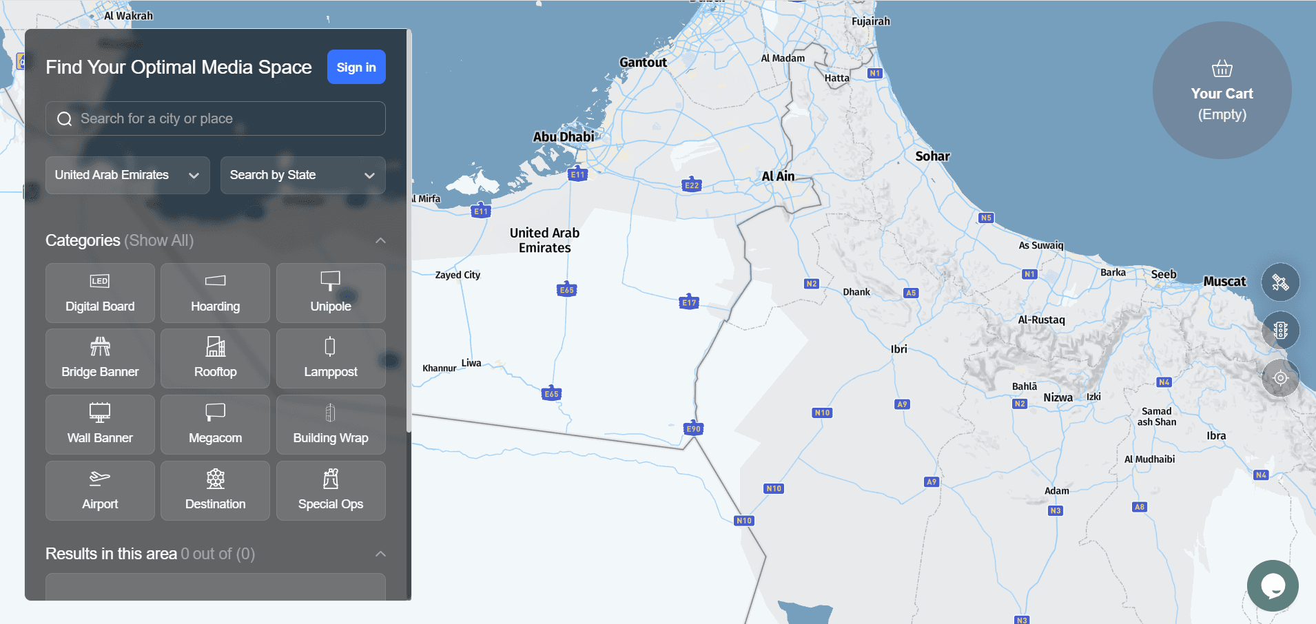 MediaX map interface for finding optimal outdoor media spaces across the UAE.