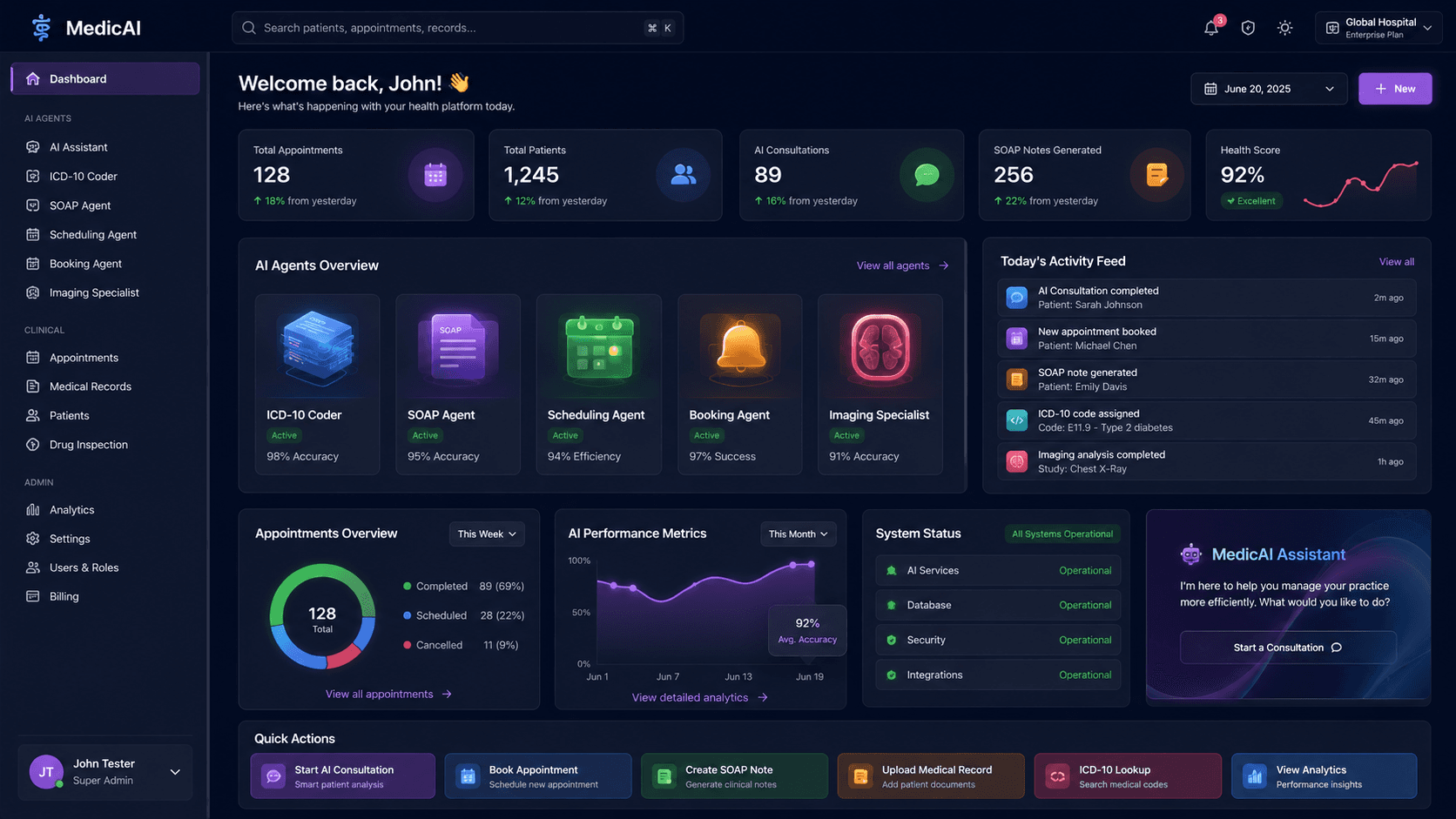 MedicAI clinical operations dashboard with AI agents, appointments, and hospital analytics.