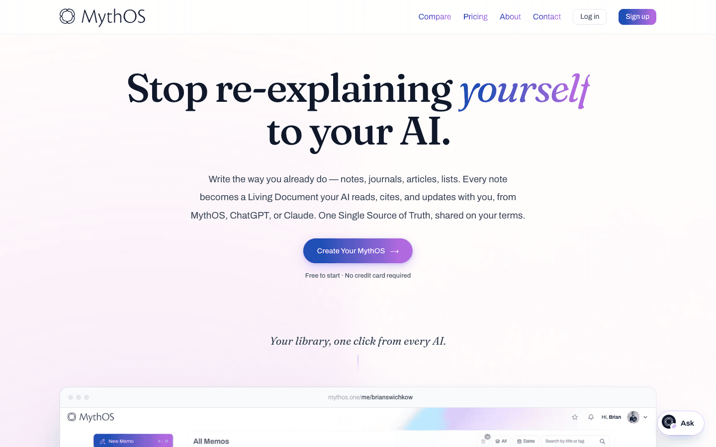 MythOS homepage for an AI-native knowledge platform with living documents.