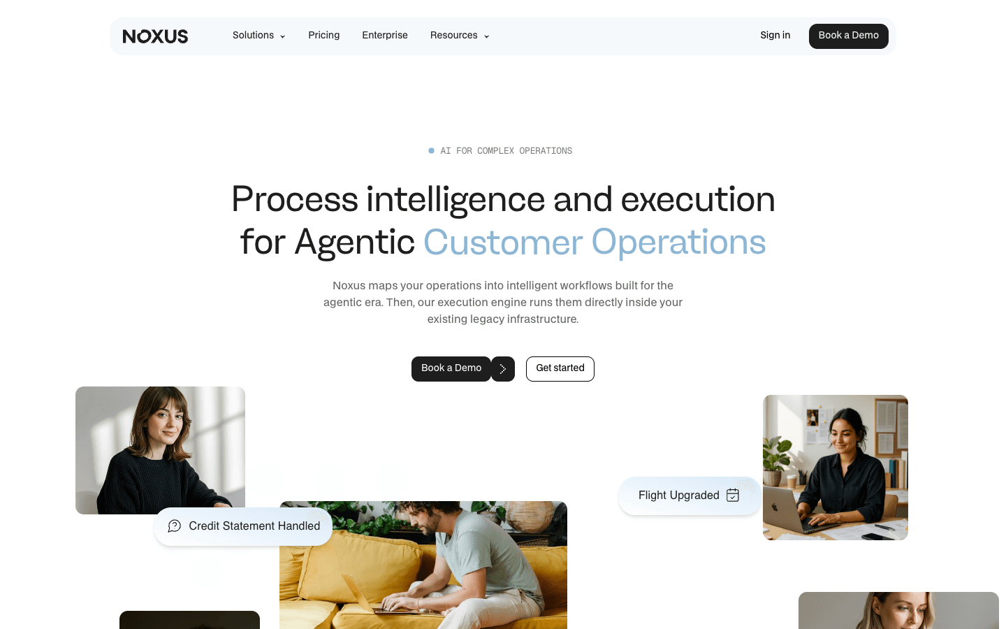 Noxus homepage showing agentic AI workers for complex enterprise operations.